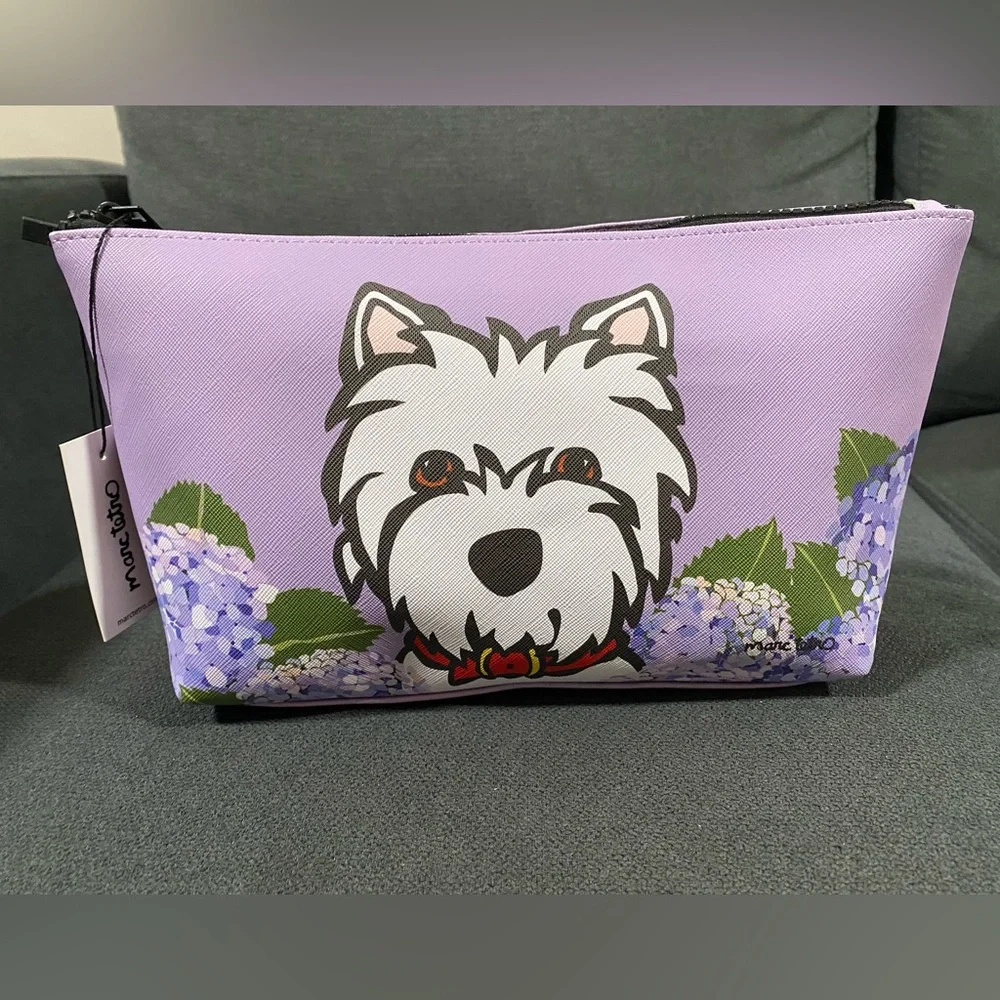 NWT Marc Tetro White Westie Dog Print & Purple Hydrangea Flowers Bag - Picture 1 of 13